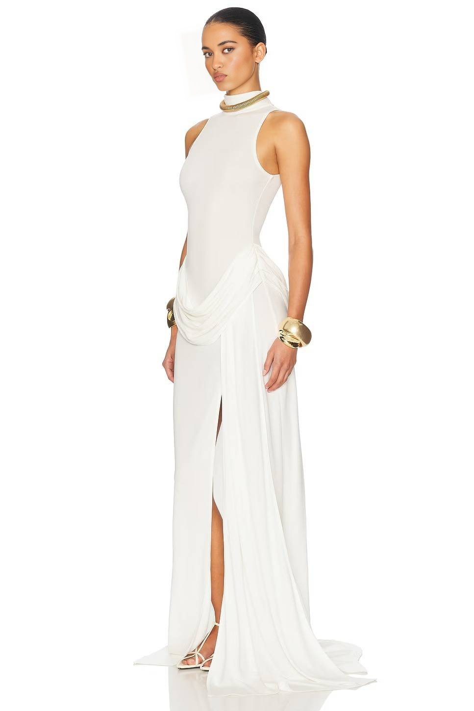 White Halter Neck Draped Waist Train Gown