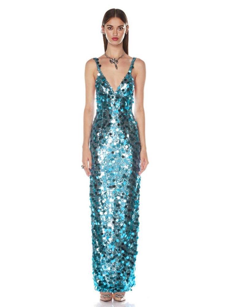 Aquamarine Sequin V-Neck Backless Maxi Gown