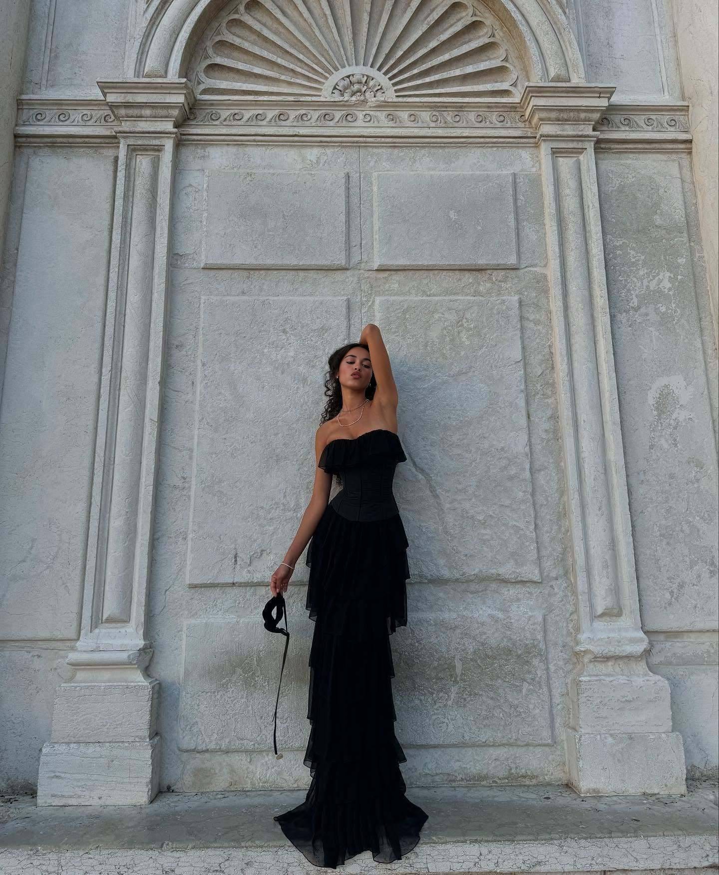 Vintage strapless satin corset-style tiered dress