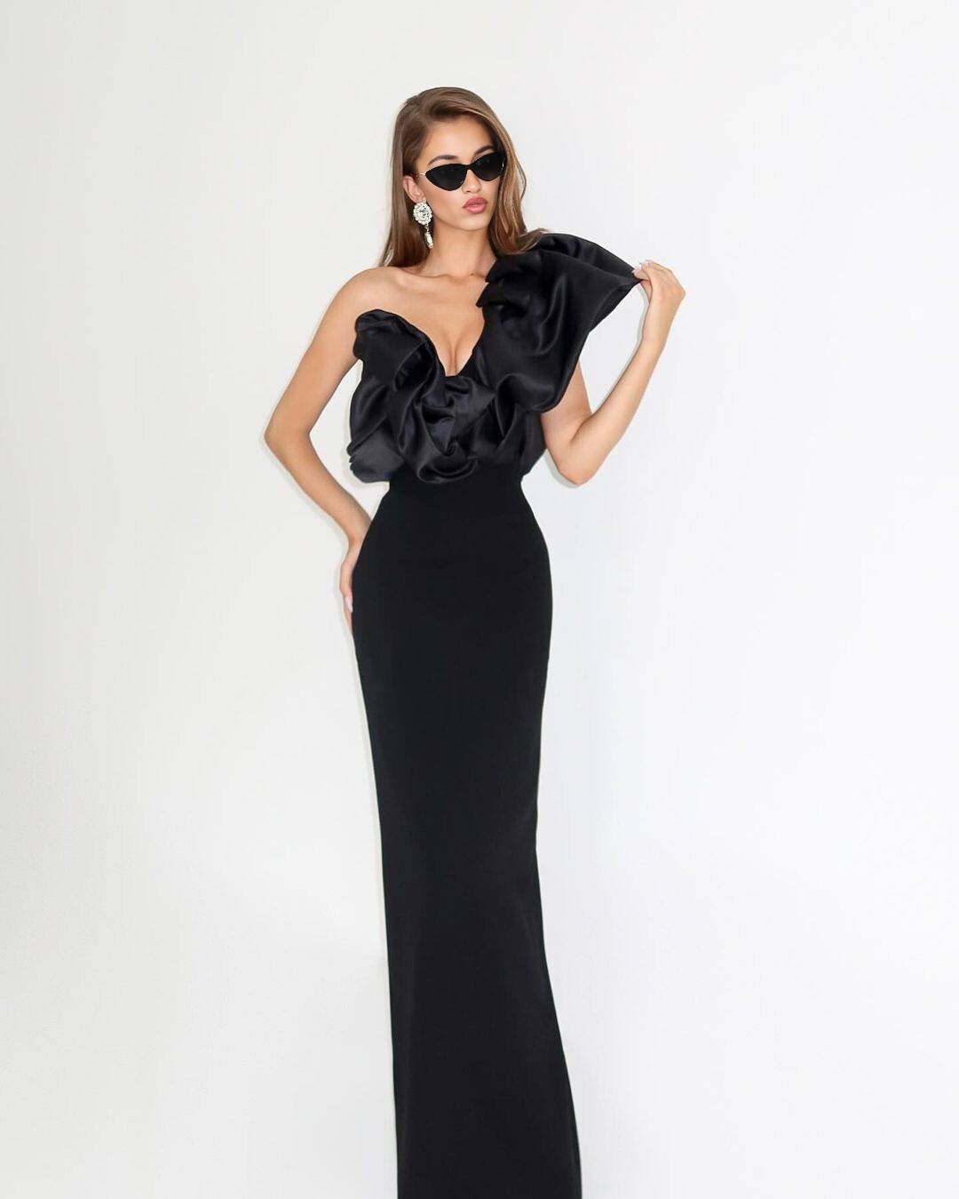 Black Velvet One-Shoulder Oversized Ruffle Gown