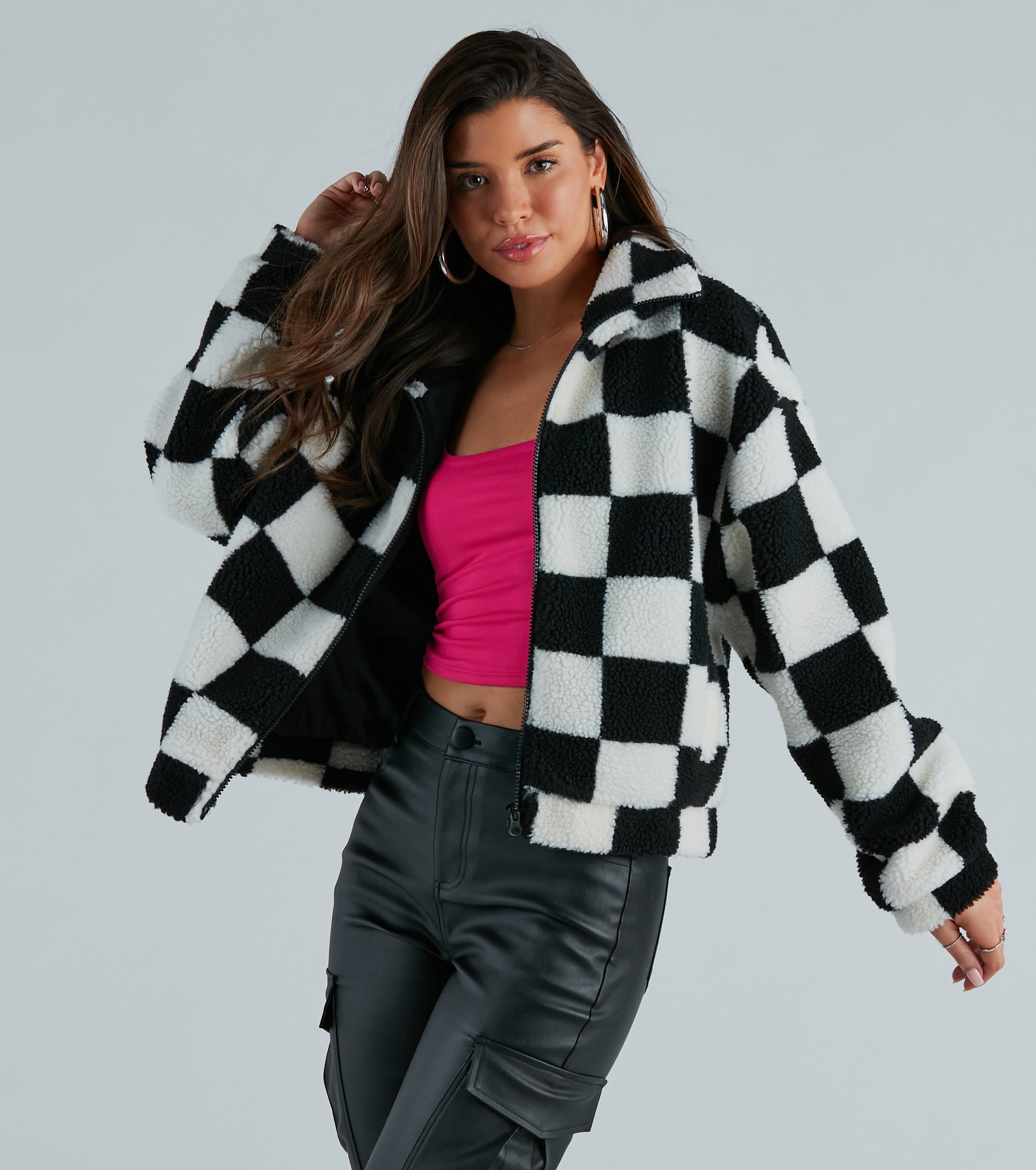 Coolness In Check Faux Sherpa Bomber Jacket