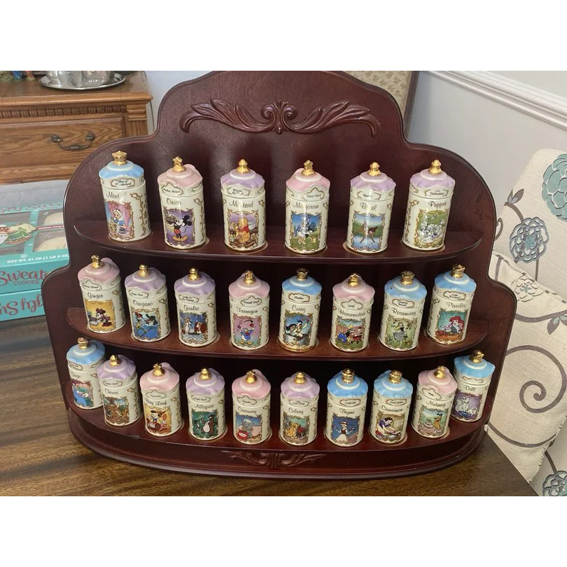 Rare 1995 Lenox Disney Fine Porcelain Spice Jar Collection with Wooden Display