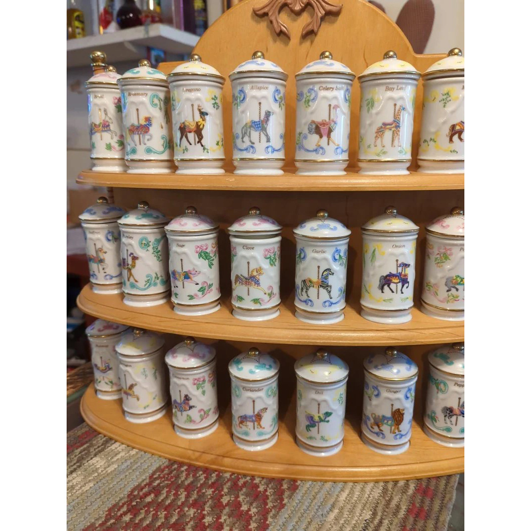 Lenox 1993 Carousel Porcelain Spice Jars & Wooden Rack - Complete Set (24)