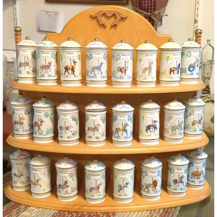 Lenox 1993 Carousel Porcelain Spice Jars & Wooden Rack - Complete Set (24)