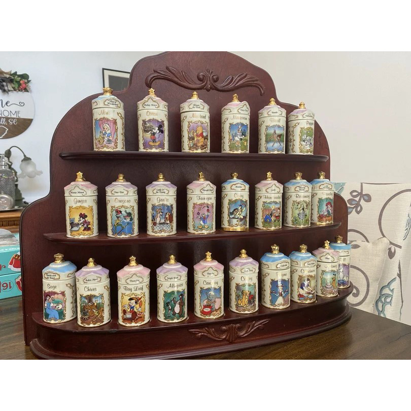 Rare 1995 Lenox Disney Fine Porcelain Spice Jar Collection with Wooden Display