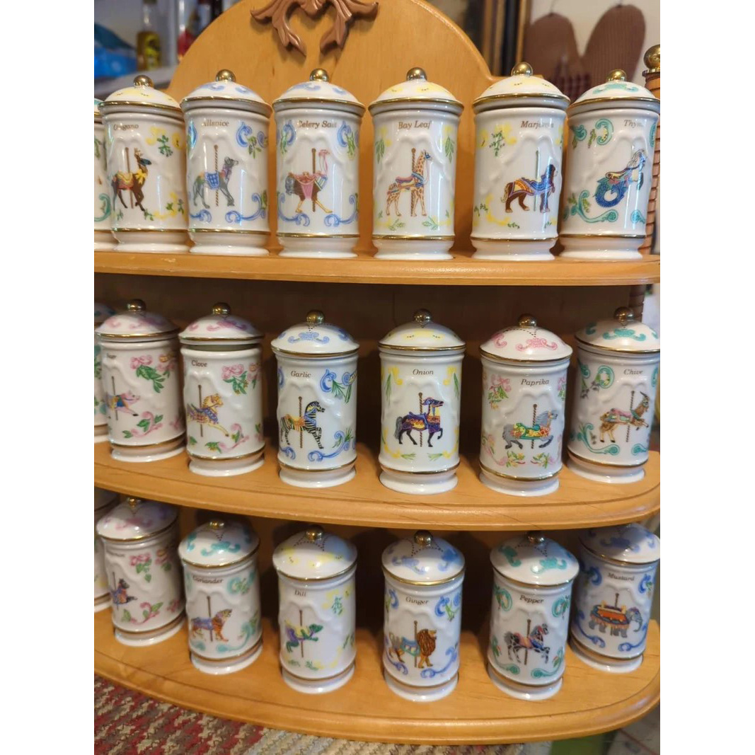 Lenox 1993 Carousel Porcelain Spice Jars & Wooden Rack - Complete Set (24)
