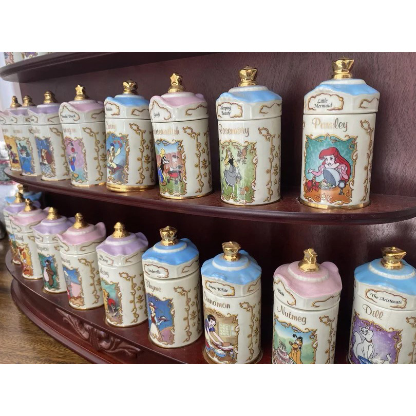 Rare 1995 Lenox Disney Fine Porcelain Spice Jar Collection with Wooden Display