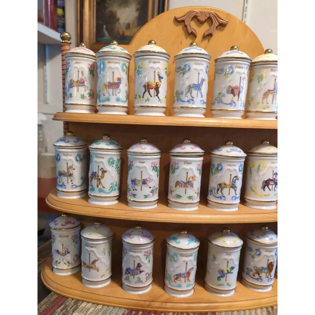 Lenox 1993 Carousel Porcelain Spice Jars & Wooden Rack - Complete Set (24)