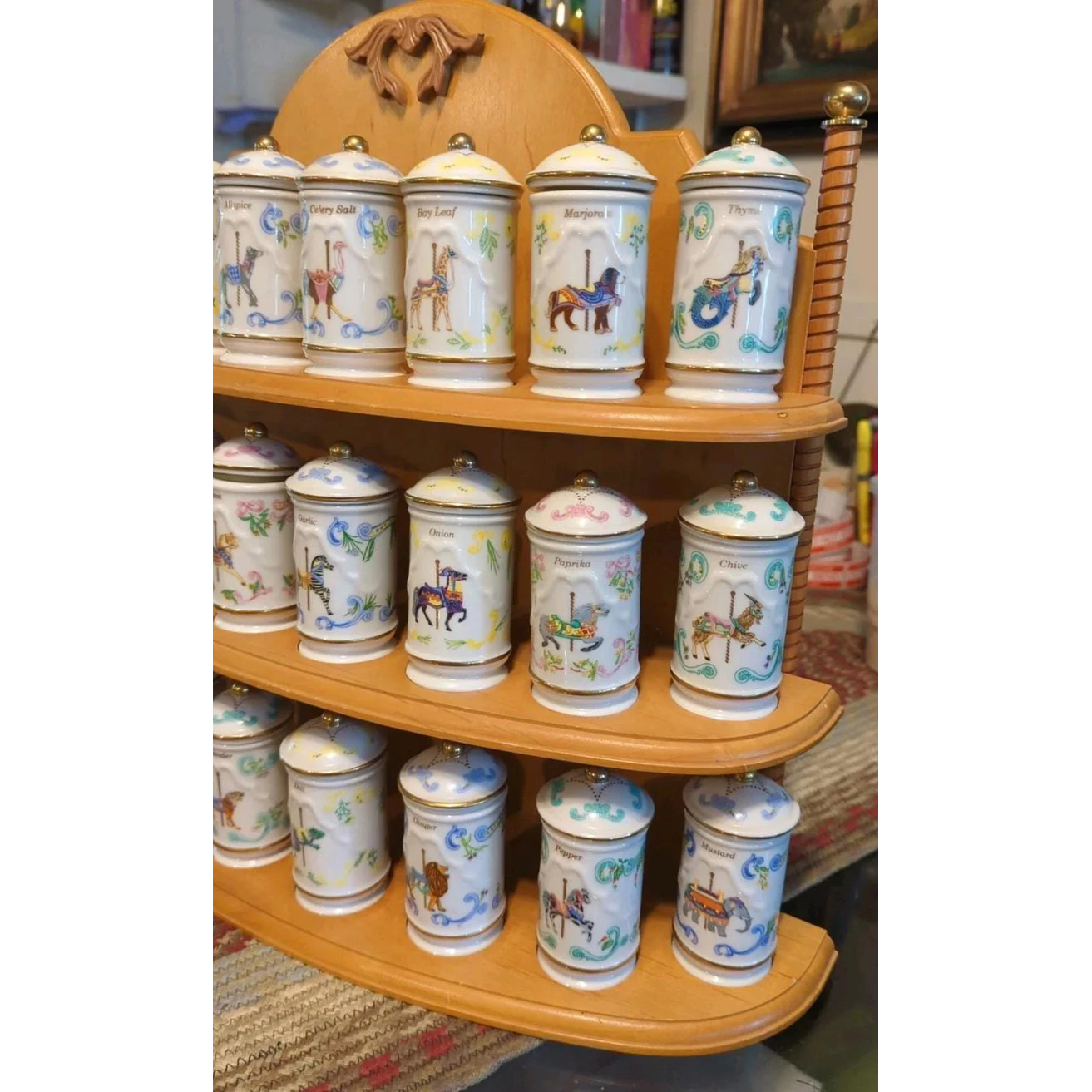 Lenox 1993 Carousel Porcelain Spice Jars & Wooden Rack - Complete Set (24)