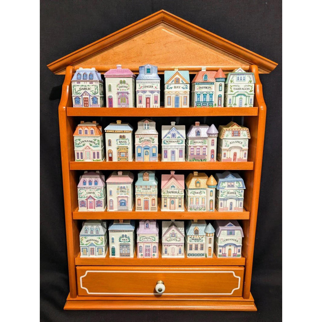 1989 LENOX Spice Village Porcelain Complete Set (24) Wooden Display Rack