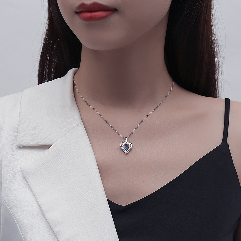 S925 Sterling Silver Heart Pendant Necklace with Cubic Zirconia Casual Engagement