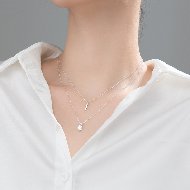 S925 Sterling Silver Choker Pendant Necklace with Cubic Zircon Double Layered Style
