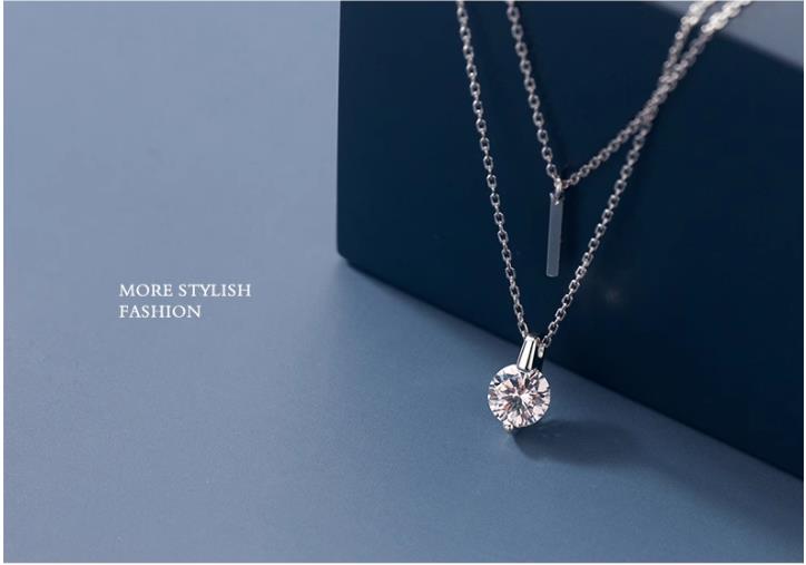 S925 Sterling Silver Choker Pendant Necklace with Cubic Zircon Double Layered Style