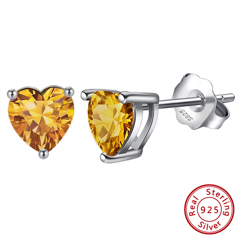S925 Silver Stud Earrings with 12-Color Zodiac Birthstone Heart Zircon Earrings