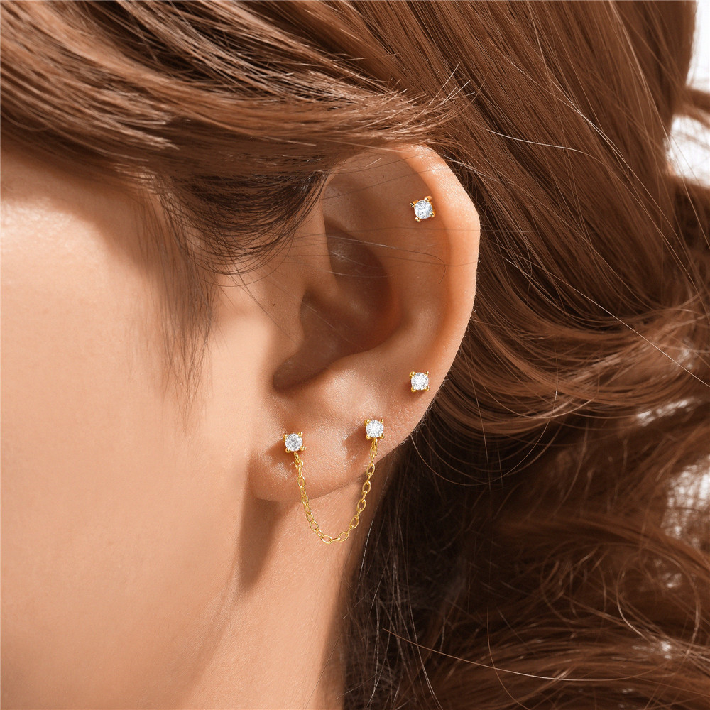 S925 Sterling Silver Stud Earrings Earpiercing with Cubic Zriconia Casual Design