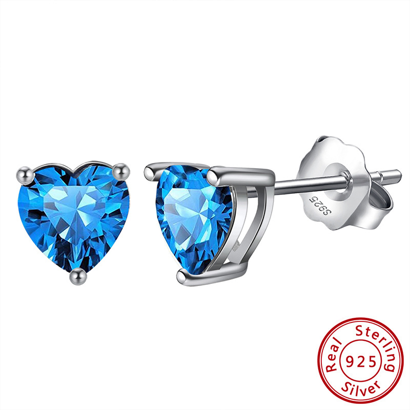 S925 Silver Stud Earrings with 12-Color Zodiac Birthstone Heart Zircon Earrings