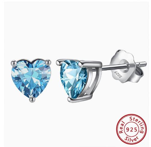 S925 Silver Stud Earrings with 12-Color Zodiac Birthstone Heart Zircon Earrings