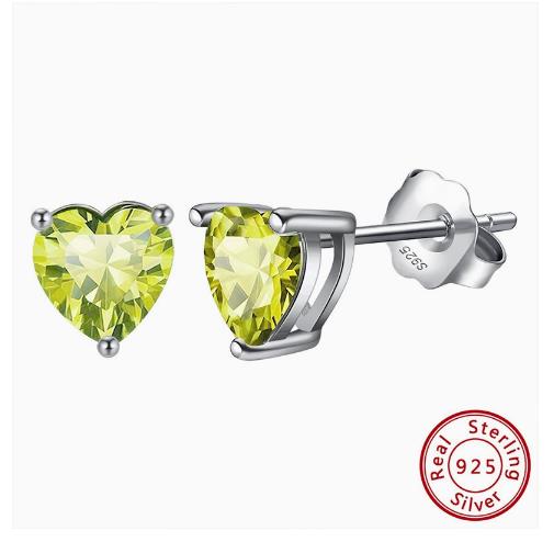 S925 Silver Stud Earrings with 12-Color Zodiac Birthstone Heart Zircon Earrings