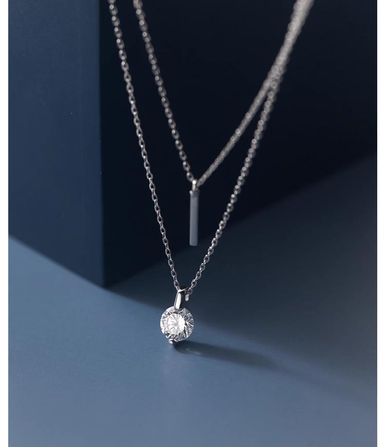 S925 Sterling Silver Choker Pendant Necklace with Cubic Zircon Double Layered Style