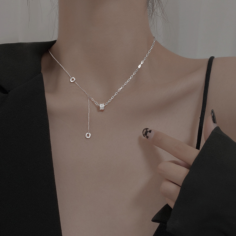 S925 Sterling Silver Long Pendant Necklace with Cubic Zirconia Casual Style