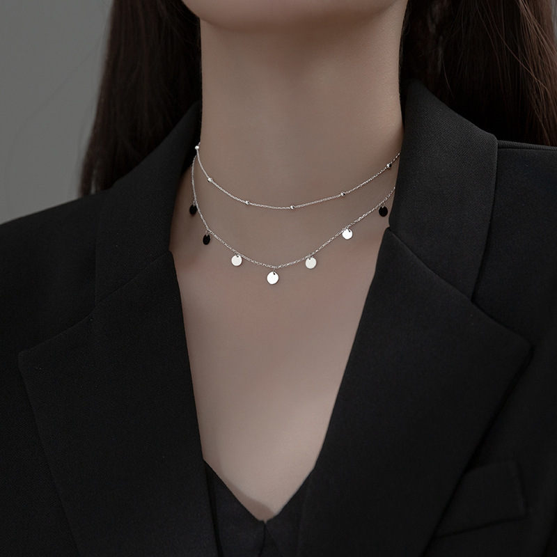 S925 Sterling Silver Pendant Necklace with Cubic Zircon Double Layered Style