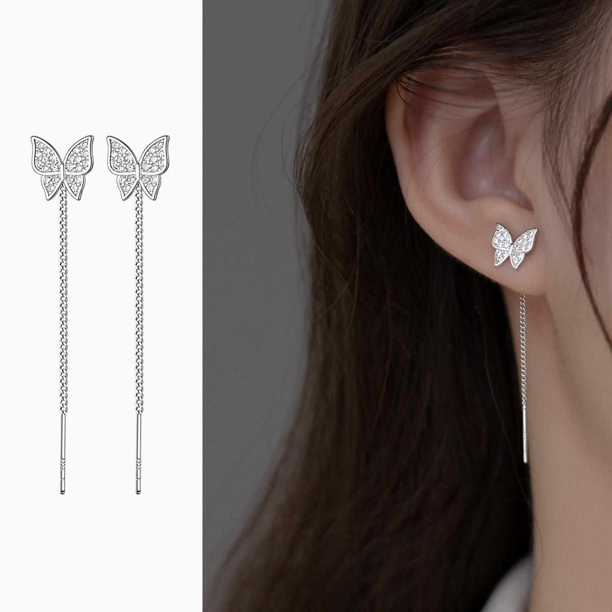 S925 Sterling Silver Earrings Butterfly Design Dangle Chain Earrings with Cubic Zirconia for Women