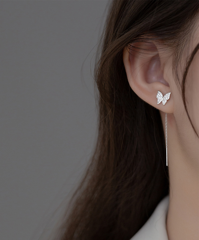 S925 Sterling Silver Earrings Butterfly Design Dangle Chain Earrings with Cubic Zirconia for Women