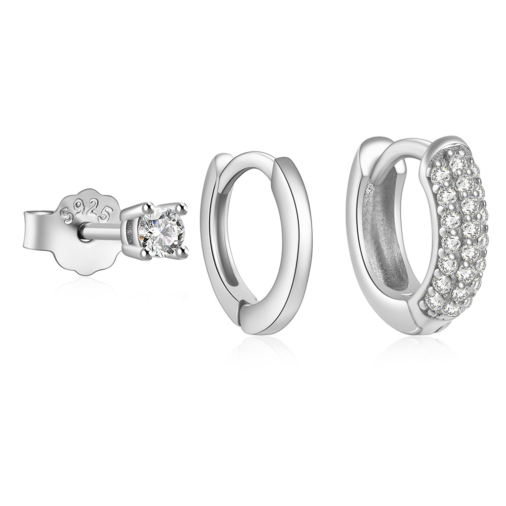 S925 Sterling Silver Hoop Earrings  Earpiercing with CZ Casual Design 3pcs/set