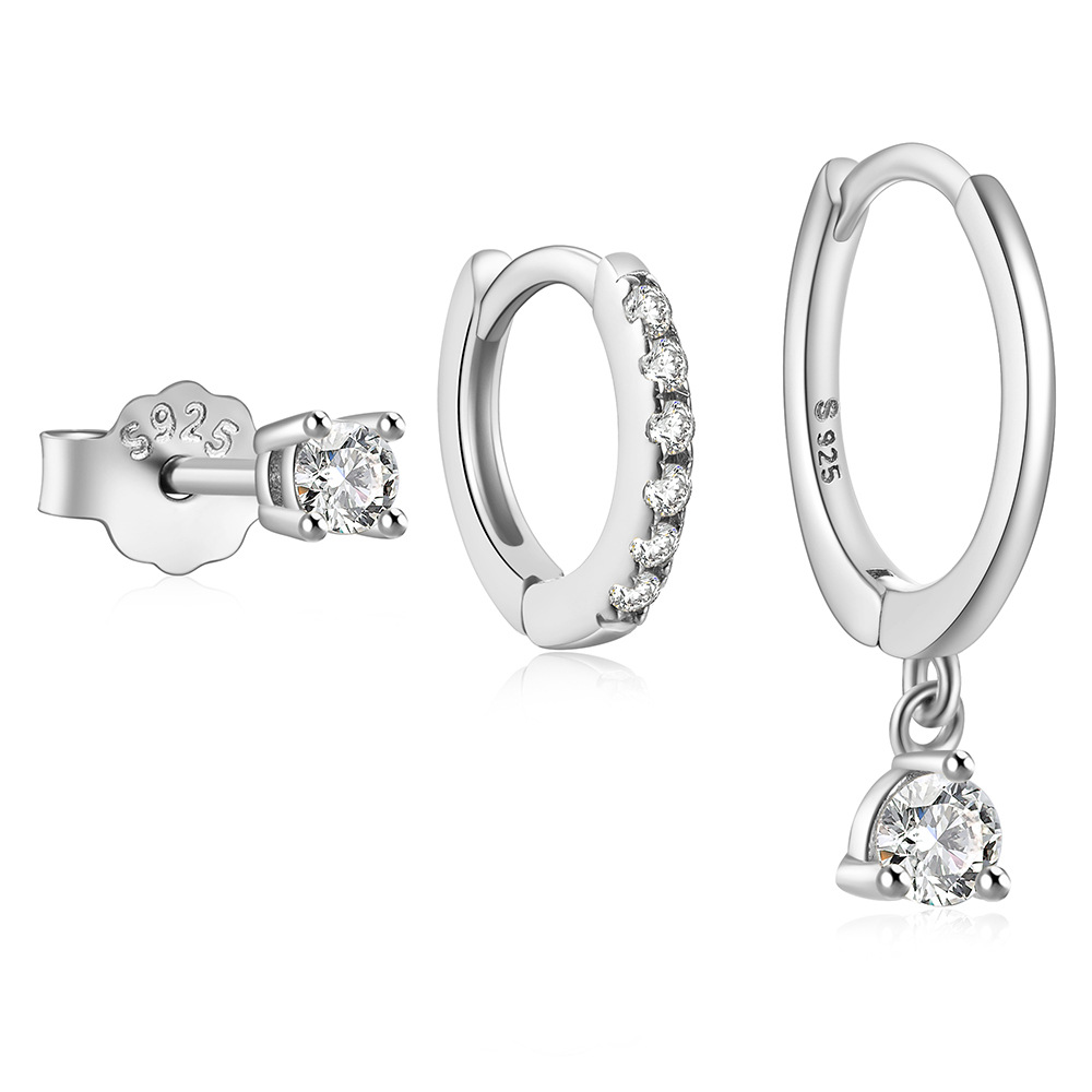 S925 Sterling Silver Hoop Earrings  Jewelry with Cubic Zirconia Casual Design 3pcs/set