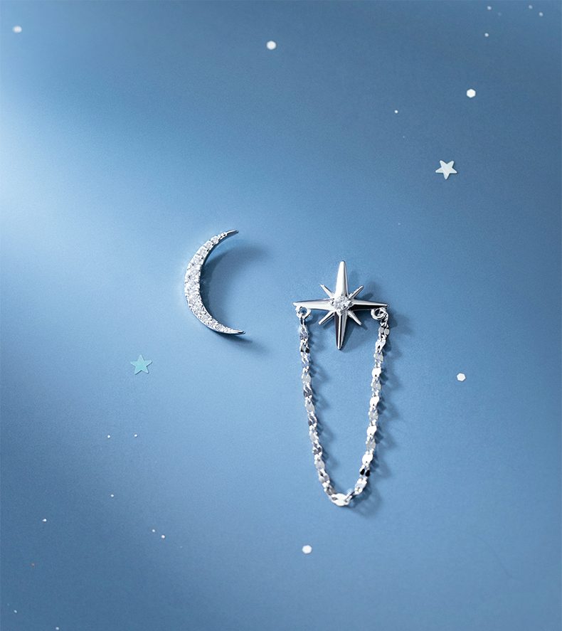 S925 Sterling Silver Moon Star Stud Earrings with Cubic Zircon Elegant Design for Women