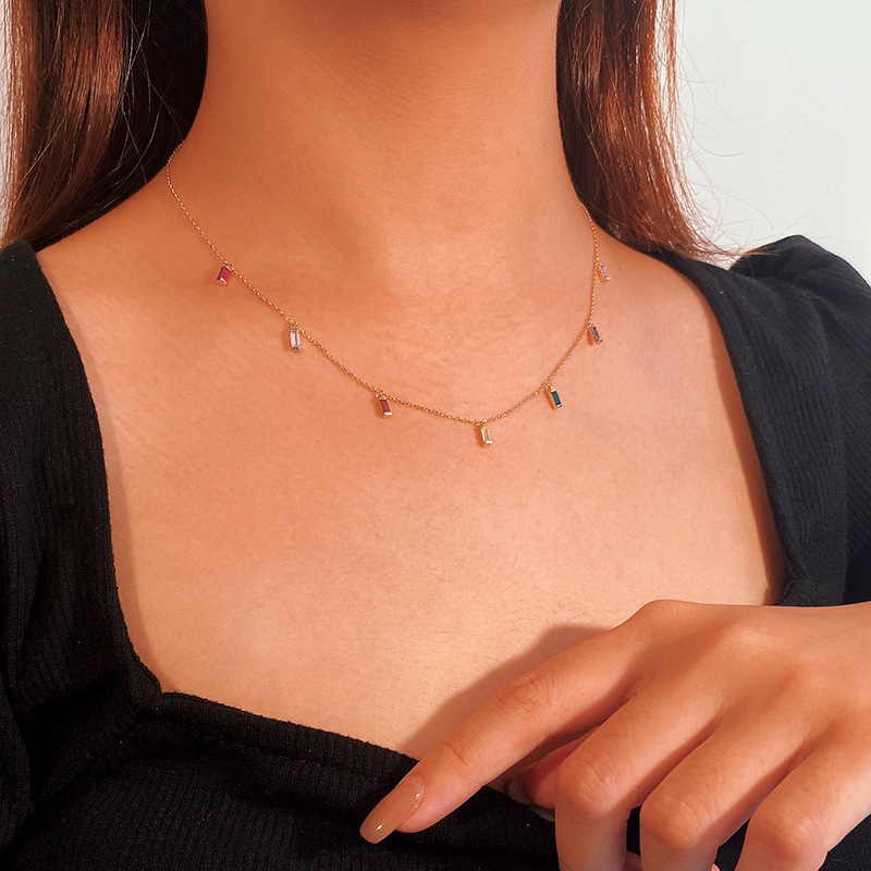 S925 Sterling Silver Pendant Necklace with Colored Square Cubic Zircon Casual for Women