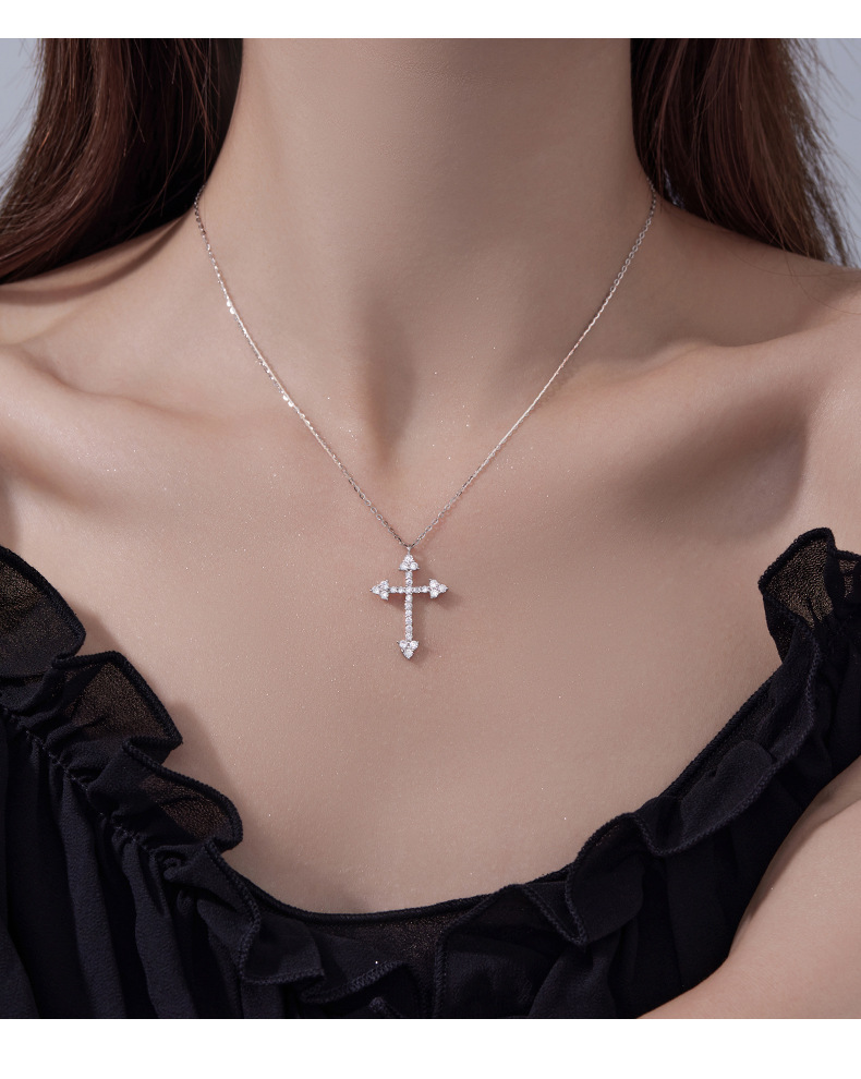 S925 Sterling Silver Pendant Cross Necklace with Cubic Zirconia Casual Style