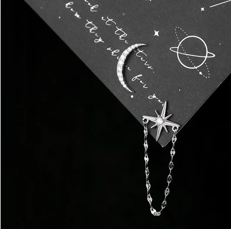 S925 Sterling Silver Moon Star Stud Earrings with Cubic Zircon Elegant Design for Women