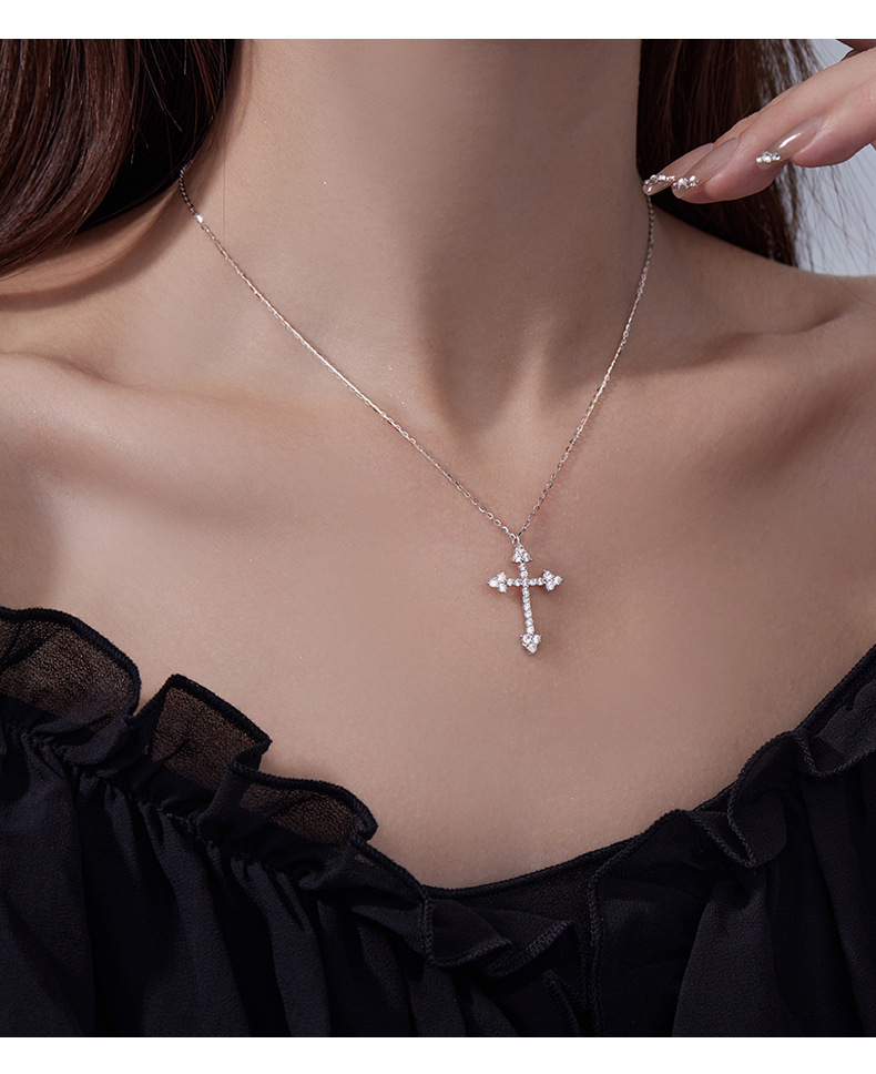 S925 Sterling Silver Pendant Cross Necklace with Cubic Zirconia Casual Style