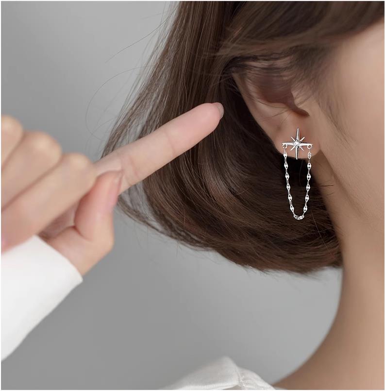 S925 Sterling Silver Moon Star Stud Earrings with Cubic Zircon Elegant Design for Women