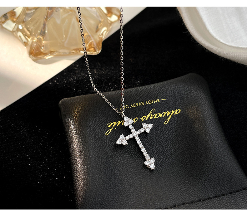 S925 Sterling Silver Pendant Cross Necklace with Cubic Zirconia Casual Style