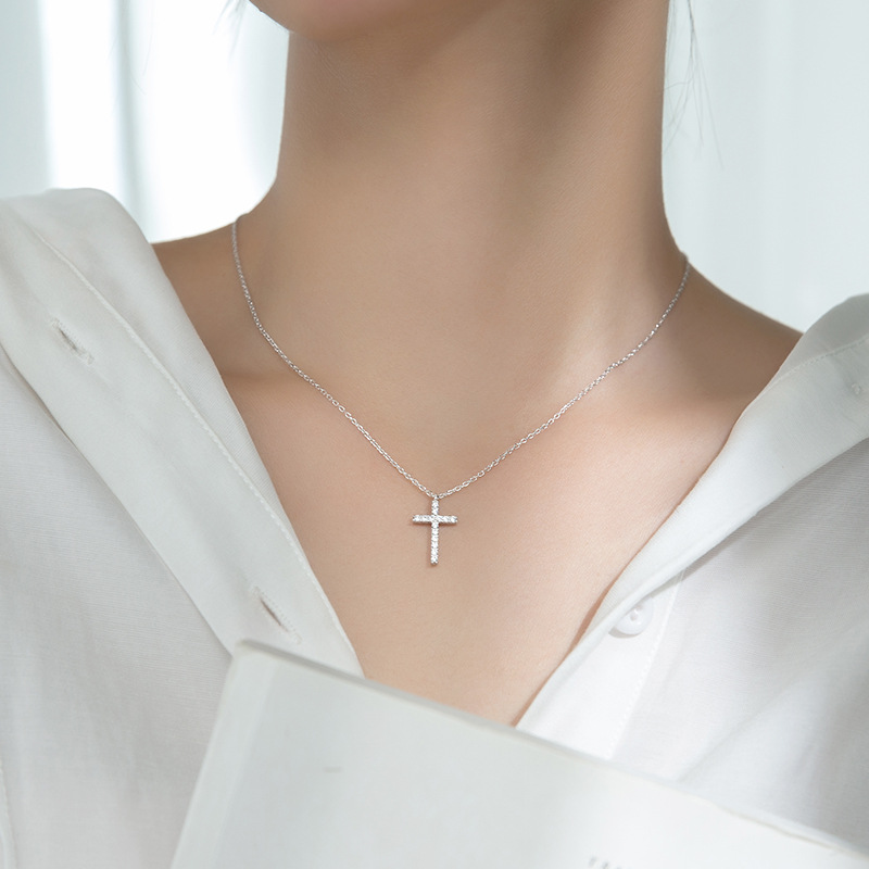 S925 Sterling Silver Pendant Cross Necklace with Cubic Zirconia Casual Style