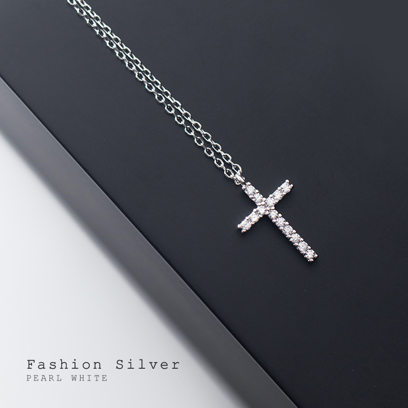 S925 Sterling Silver Pendant Cross Necklace with Cubic Zirconia Casual Style