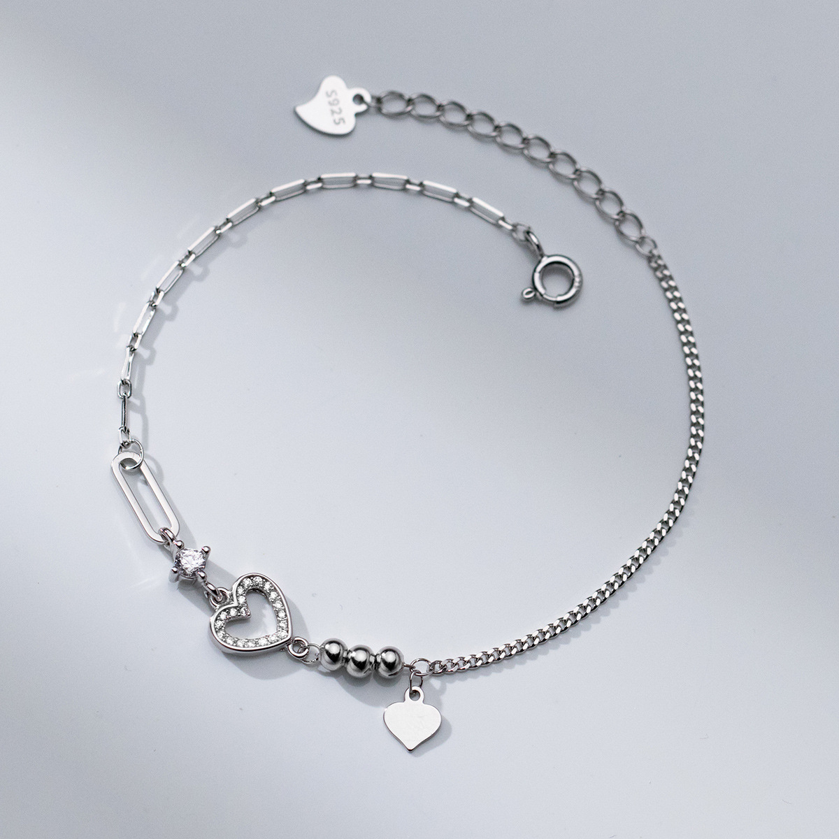 Fashion S925 Sterling Silver Heart Bracelet with Cubic Zirconia for Women
