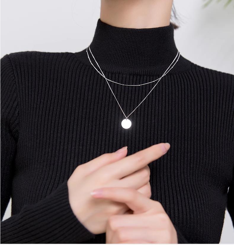 S925 Sterling Silver Pendant Necklace with Cubic Zircon Double Layered Style