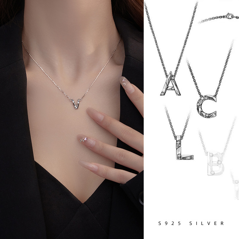 Dainty Initial Necklace S925 Sterling Silver Letter Pendant Necklace with Cubic Zirconia for Women
