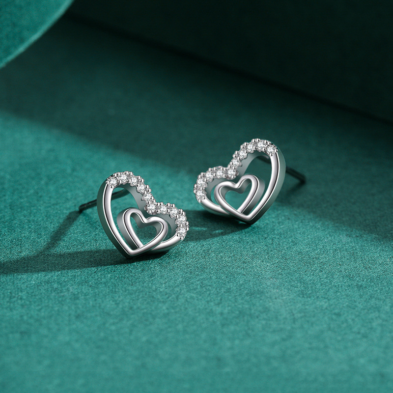 S925 Sterling Silver Stud Earrings Jewelry with Cubic Zirconia Heart Design for Women