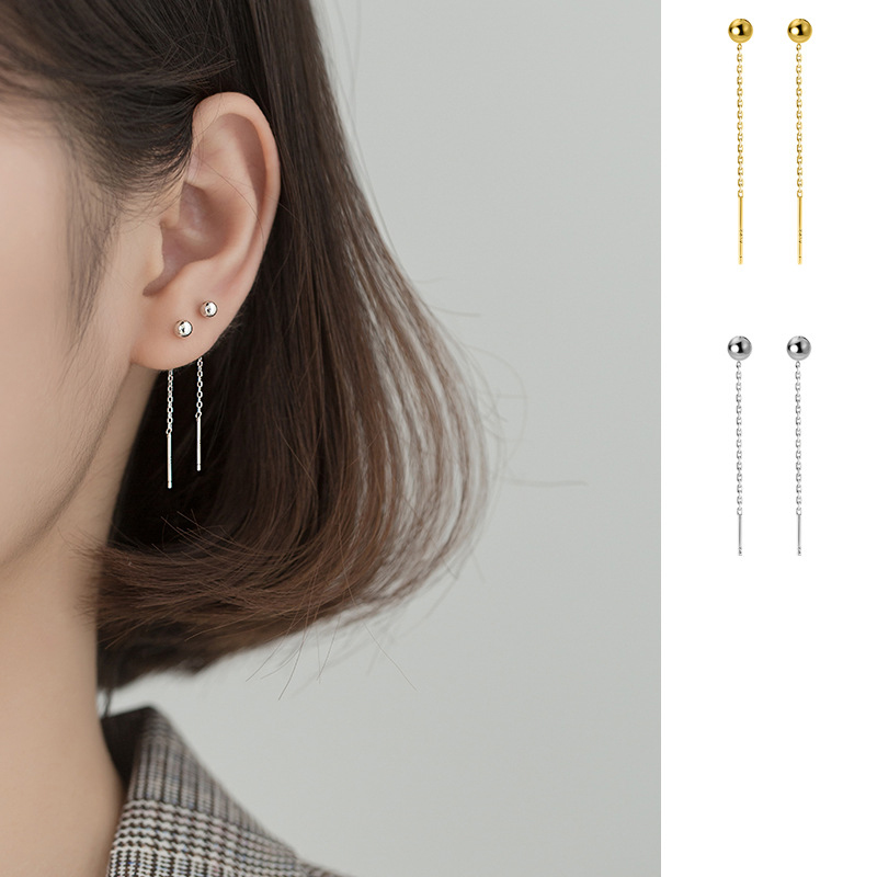 S925 Sterling Silver Chain Earrings with Silver Bead Casual Style Best Gift For Women