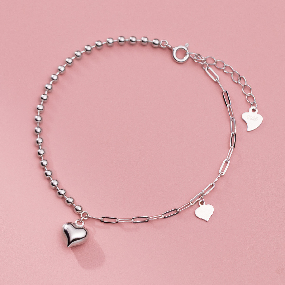 Fashion S925 Sterling Silver Heart Bracelet Jewelry Casual Versatile Design for Women