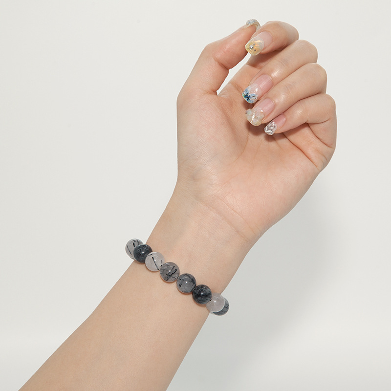 Black rutilated quartz Bracelet for Women Natural Gemstone Round Stone Crystal Beads for Beaded Elastic Bracelet