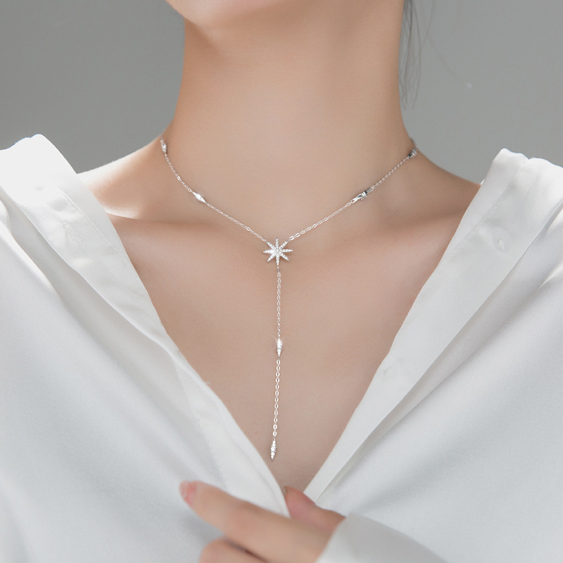 Y-shape S925 Sterling Silver Long Pendant Necklace with Cubic Zircon Star Shape for Women