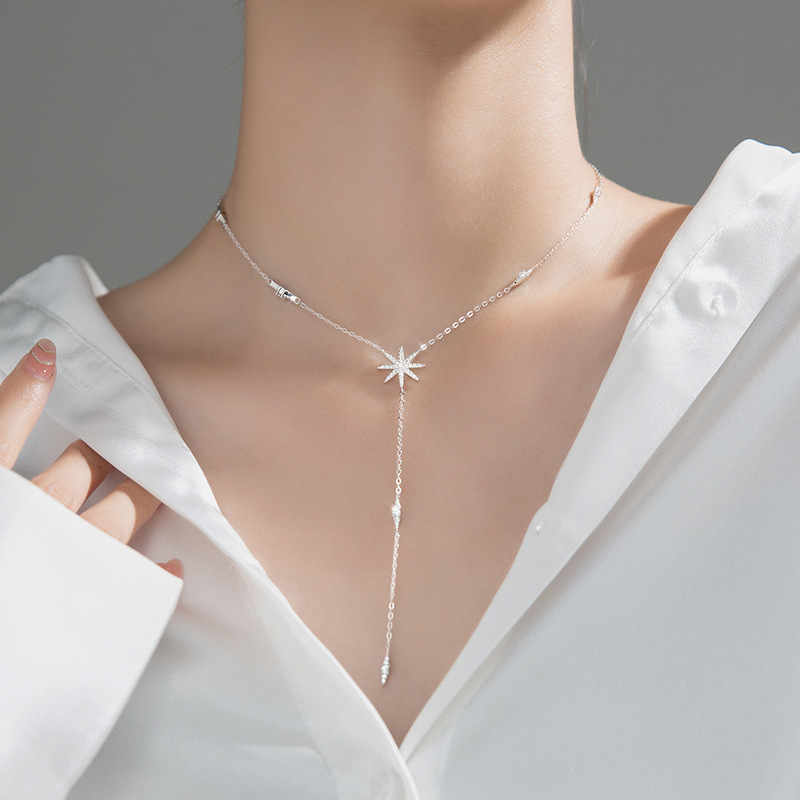 Y-shape S925 Sterling Silver Long Pendant Necklace with Cubic Zircon Star Shape for Women