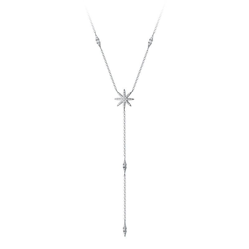 Y-shape S925 Sterling Silver Long Pendant Necklace with Cubic Zircon Star Shape for Women