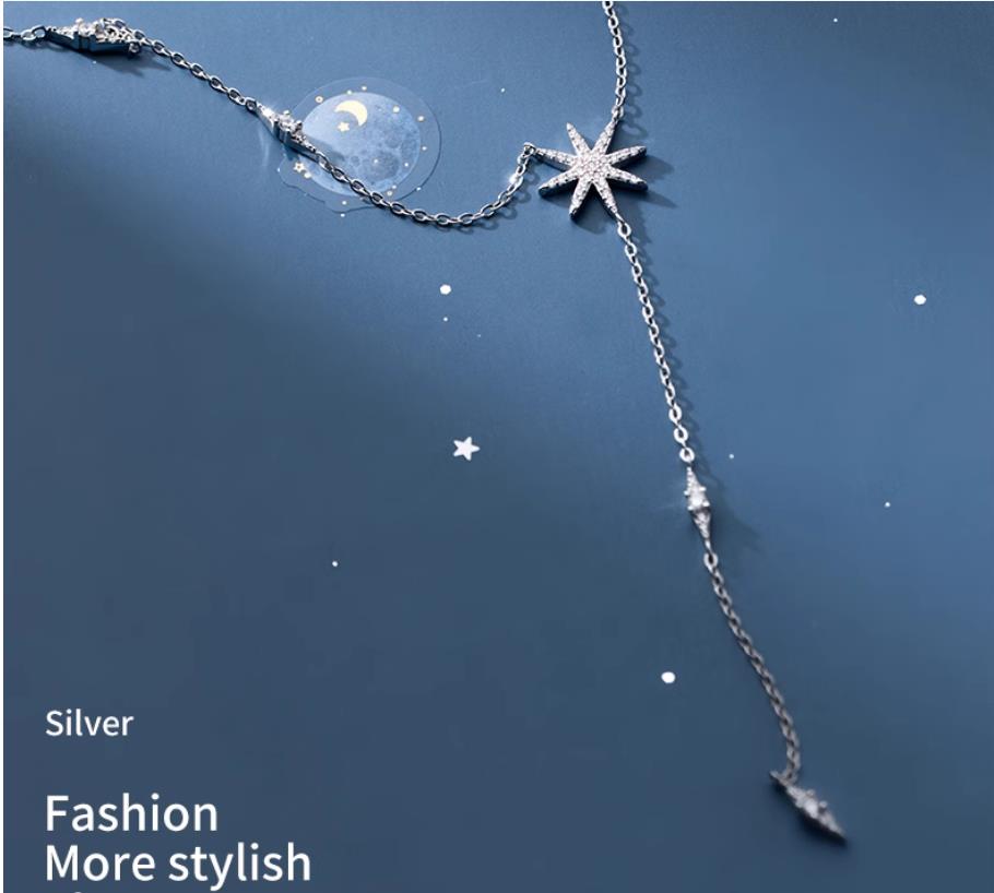 Y-shape S925 Sterling Silver Long Pendant Necklace with Cubic Zircon Star Shape for Women