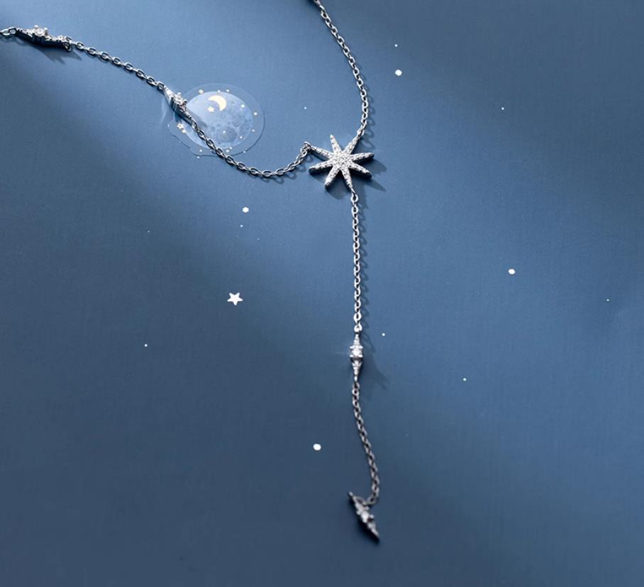 Y-shape S925 Sterling Silver Long Pendant Necklace with Cubic Zircon Star Shape for Women